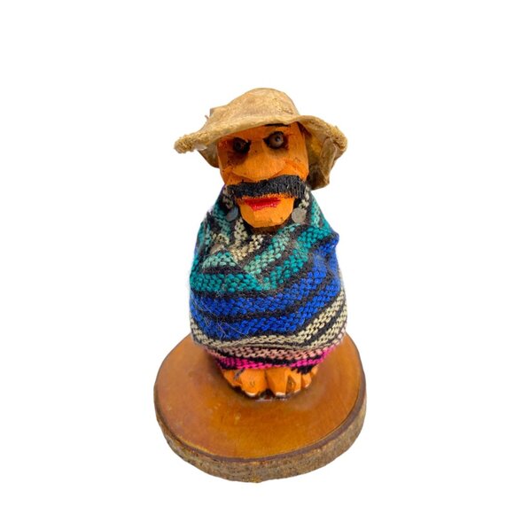 Handcrafted Wooden Folk Art Figurine Man With Poncho & Hat Carved Southwest 3” - Picture 2 of 10
